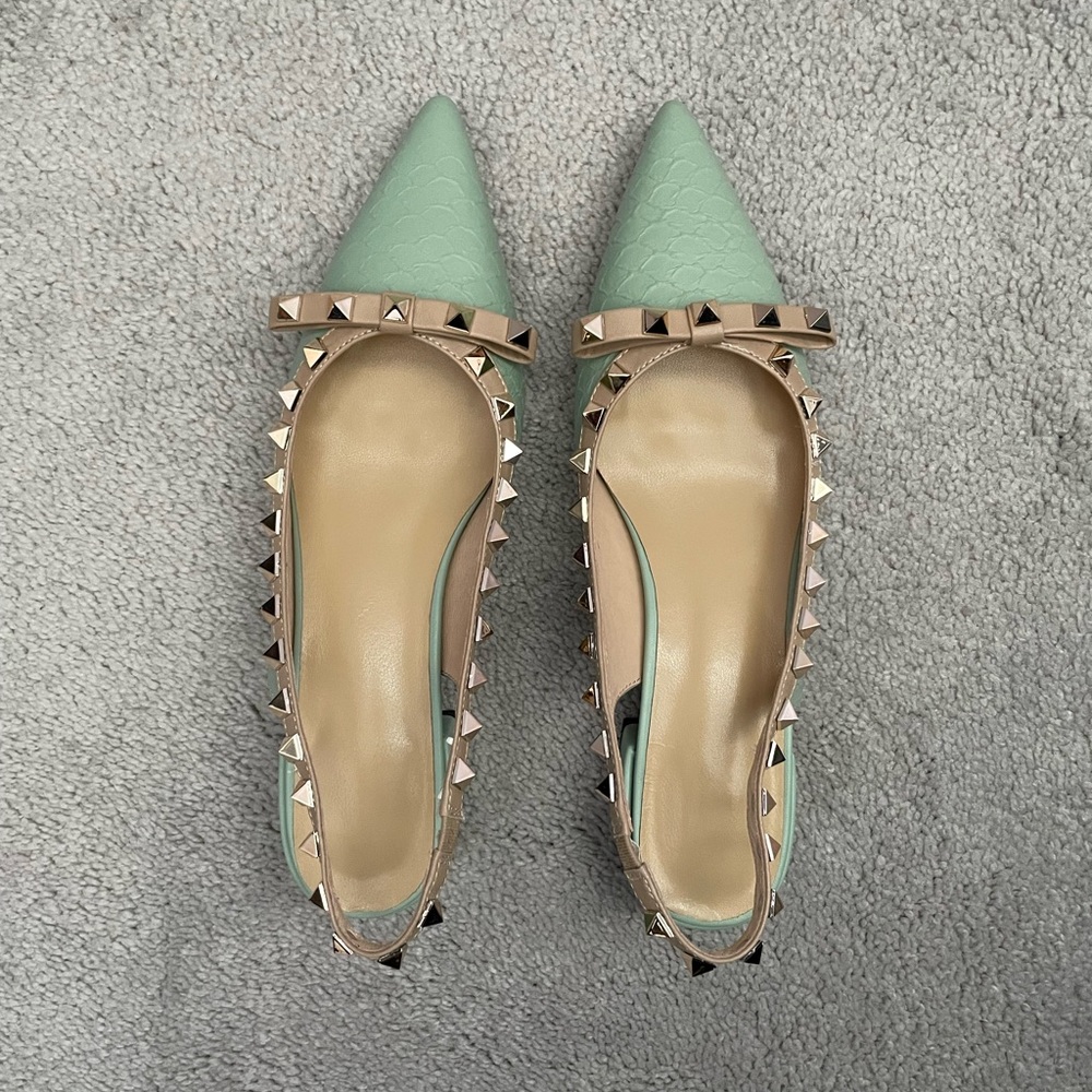 Green Croc-Embossed Studded Leather Slingback Women YOUTHJUNE